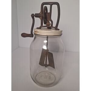 Antique Hand Crank Butter Churn Glass Jar Metal Paddles Primitive Farm